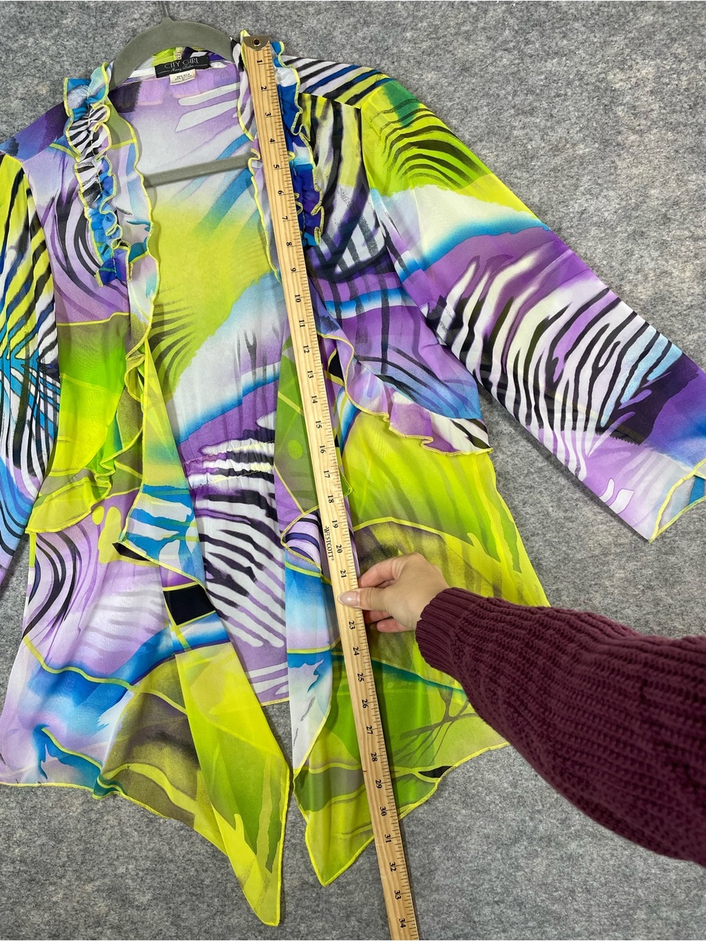VTG City Girl Y2K Silk Ruffle Cardigan Neon Abstract Medium Resort Boho Festival - Picture 9 of 16